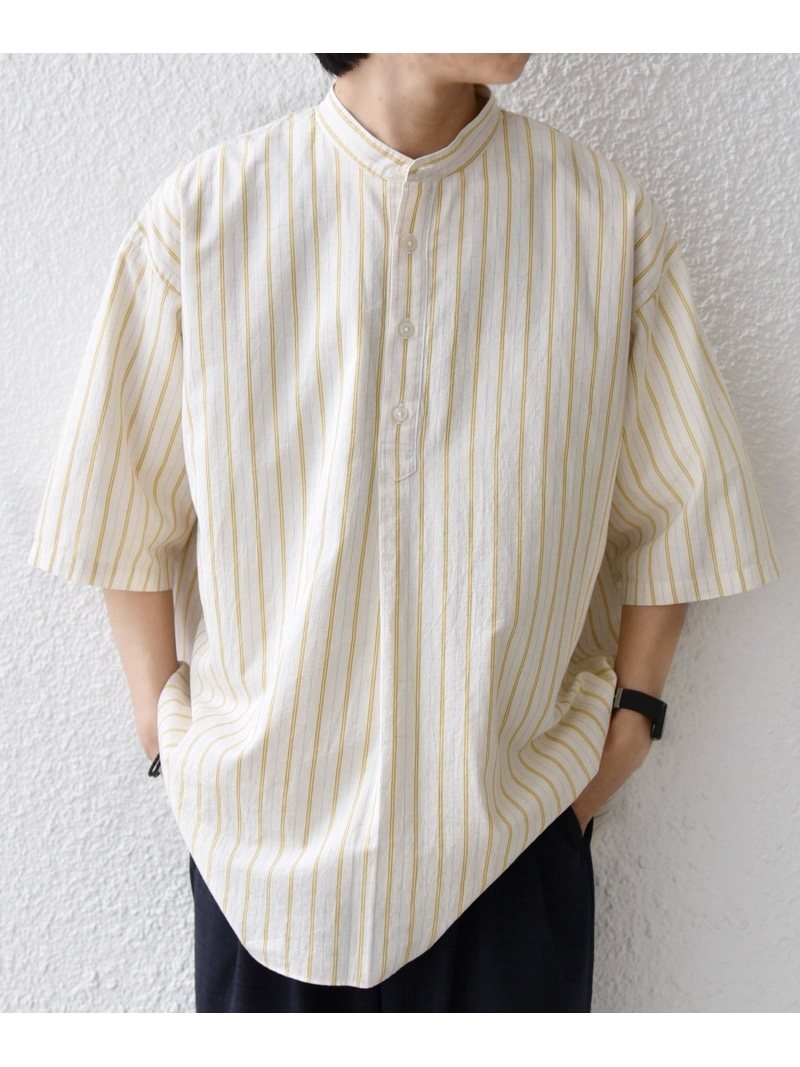 SHIPS any SHIPS any:＜洗濯機可能＞コットン/リネン ストライプ バンド スキッパー ハーフスリーブ シャツ 26SS◆ シップス トップス シャツ・ブラウス ホワイト グレー ブルー イエロー ネイビー【先行予約】*【送料無料】
