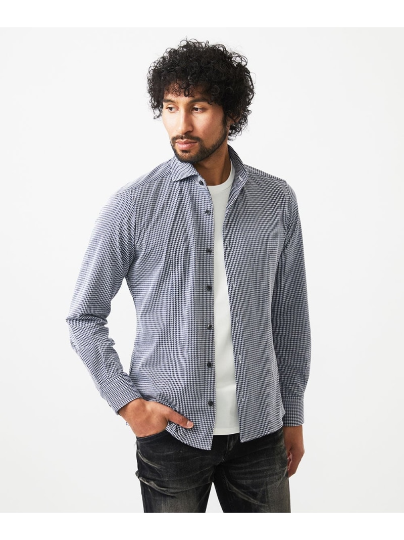 【SALE/50%OFF】MICHEL KLEIN HOMME 千鳥柄サッカー長袖シャツ ミッシェルクランオム トップス シャツ・ブラウス ホワイト ネイビー【RBA_E】【送料無料】