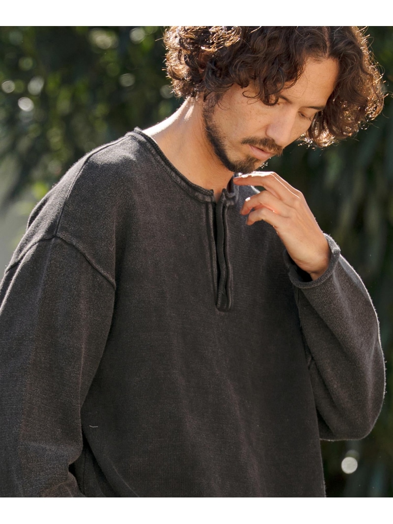 CAMBIO mlt5519- Pigment Dyed Henley Neck Knit Pullover ヘンリーネックニット カンビオ トップス カットソー・Tシャツ ブラック ブルー【送料無料】｜ Fashion Men