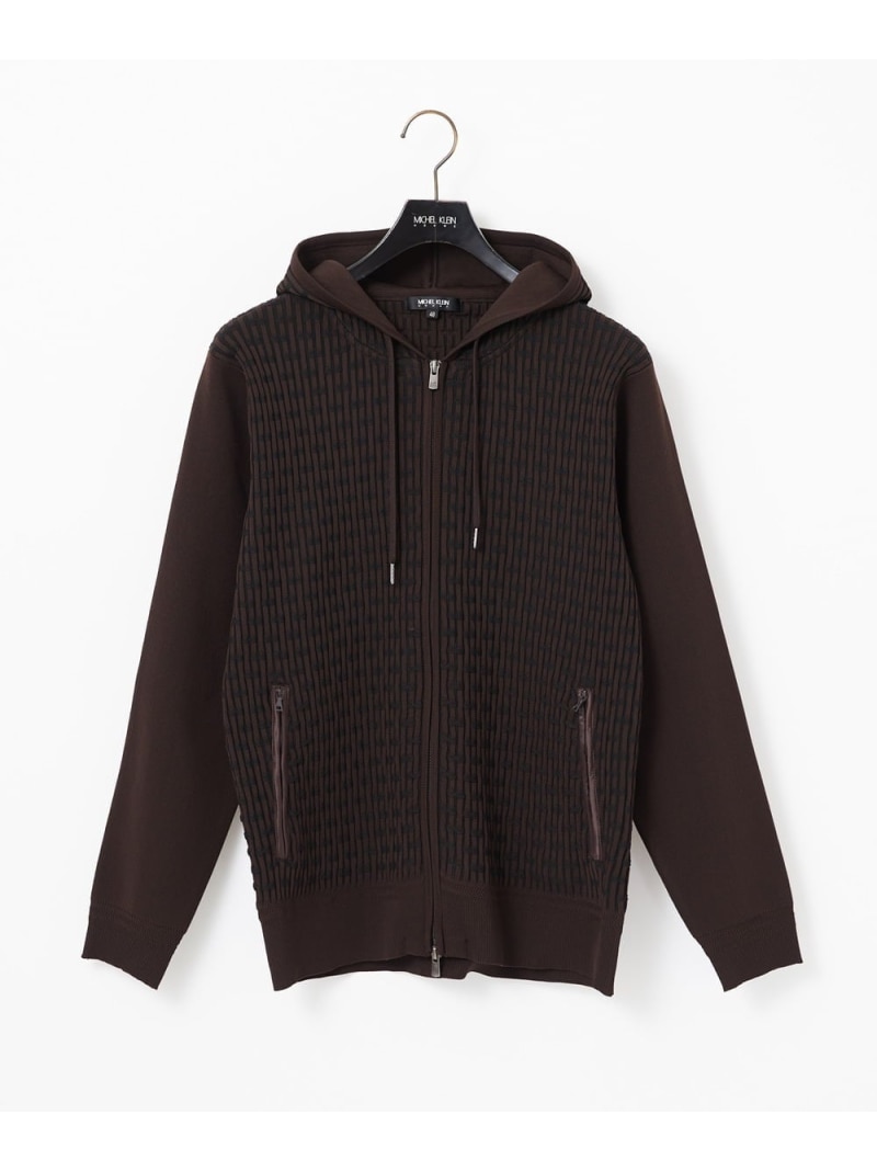 MICHEL KLEIN HOMME 【セットアップ】ニットジップアップパーカー ミッシェルクランオム トップス 編み物 赤銅色 黒いこと【貨物輸送無料】