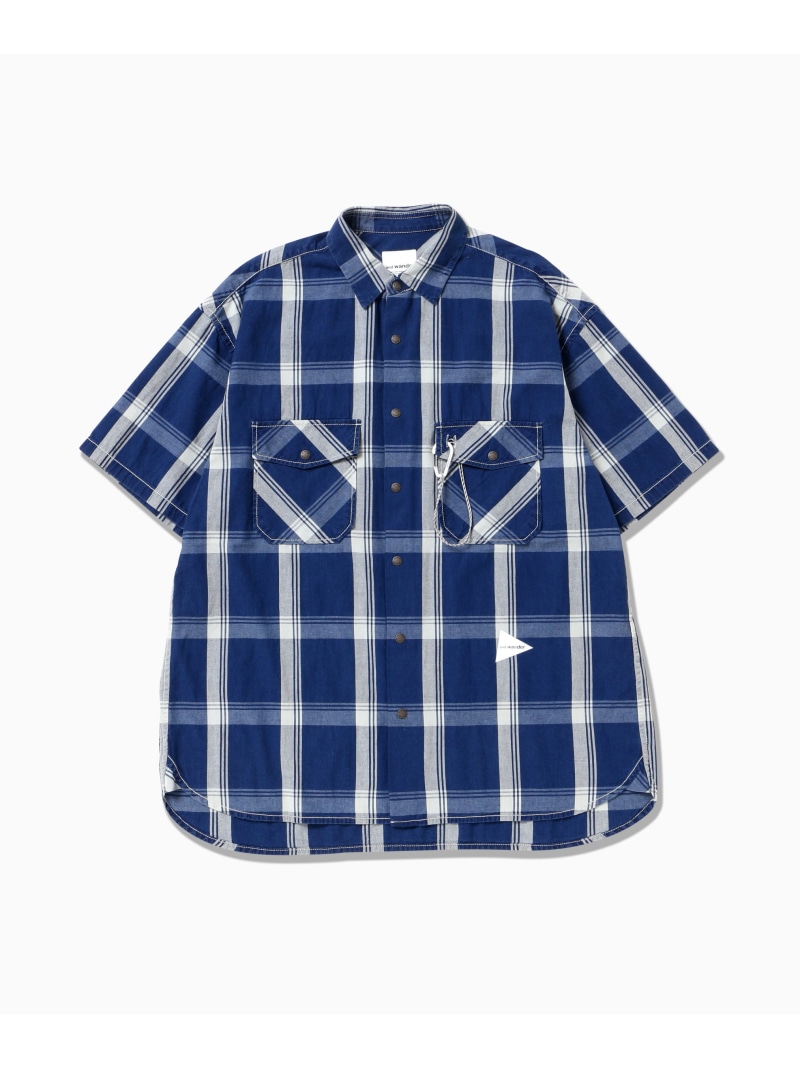 and wander indigo check SS shirt (M) アンドワンダー トップス シャツ・ブラウス ブルー【送料無料】