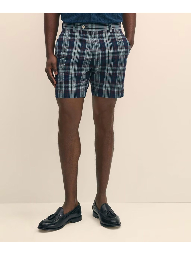 【SALE／20%OFF】BROOKS BROTHERS コットン シアサッカー マドラスチェック プレーンフロント 7inショーツ ブルックス ブラザーズ パンツ その他のパンツ ネイビー【RBA_E】【送料無料】