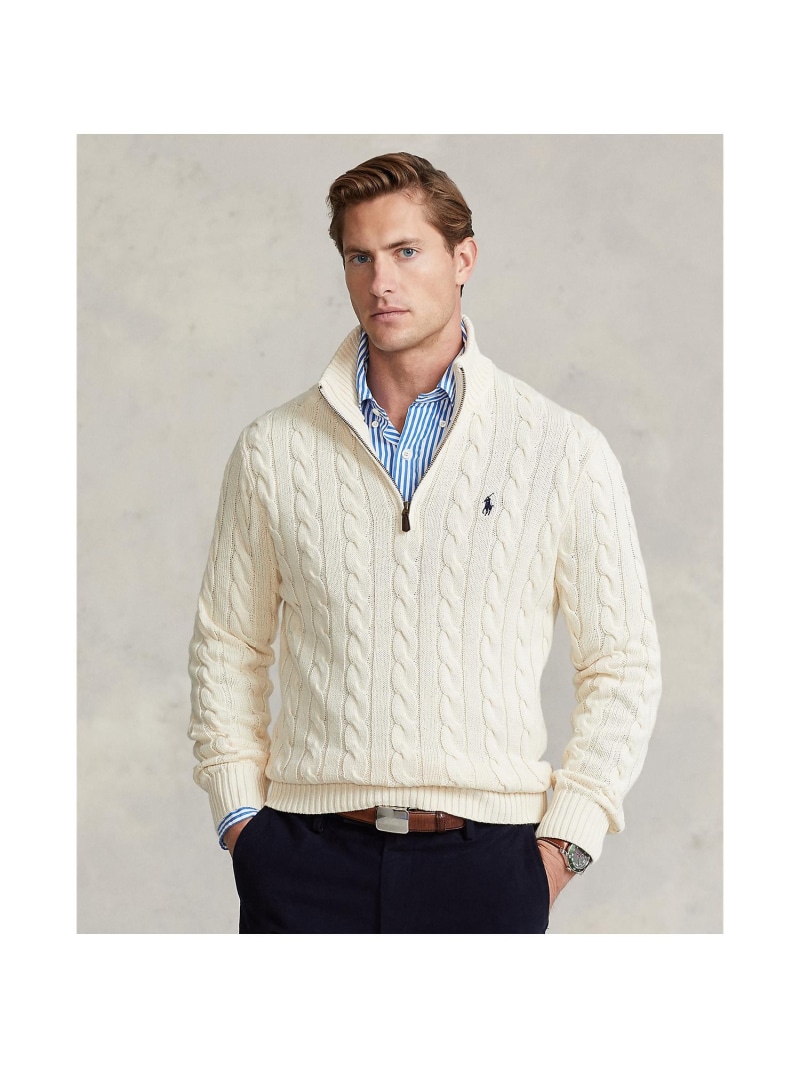 POLO RALPH LAUREN 有線テレビ編み物 綿織物 クォータージップ プルオーバー ラルフローレン トップス 編み物 ベージュ 赤銅色【貨物輸送無料】