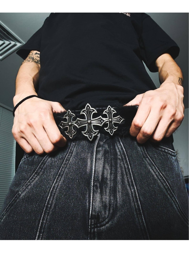 JOINT WORKS SUPPLIER 別注 Fur Triple Cross Buckle Belt ジョイントワークス ファッション雑貨 ベルト ブラック【送料無料】| Fashion Men