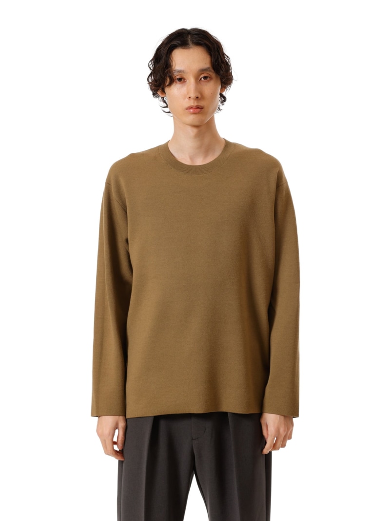 ATTACHMENT 毛糸*ポリエステルダブルフェイスニット クルーネックプルオーバー 差し押さえ トップス 編み物 白いこと カーキ緑であること 黒いこと【貨物輸送無料】