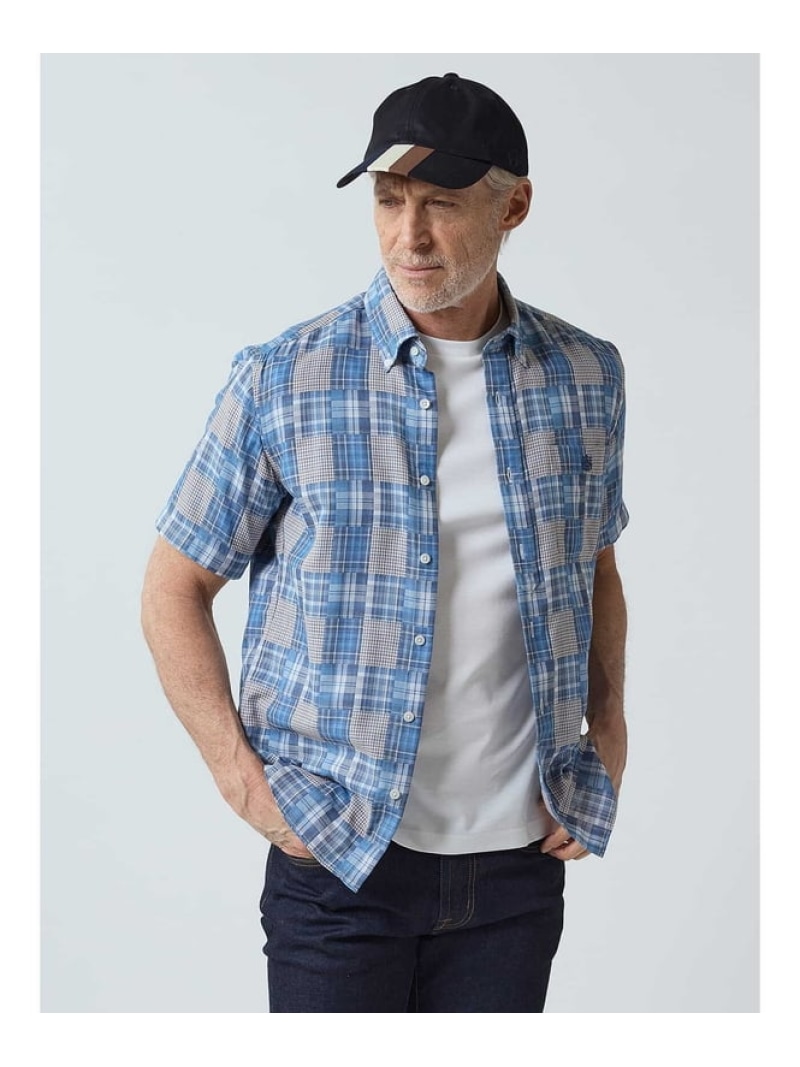 【SALE／20%OFF】Aquascutum MEN Patchwork Short Sleeve Shirt アクアスキュータム トップス シャツ・ブラウス ブルー【RBA_E】【送料無料】