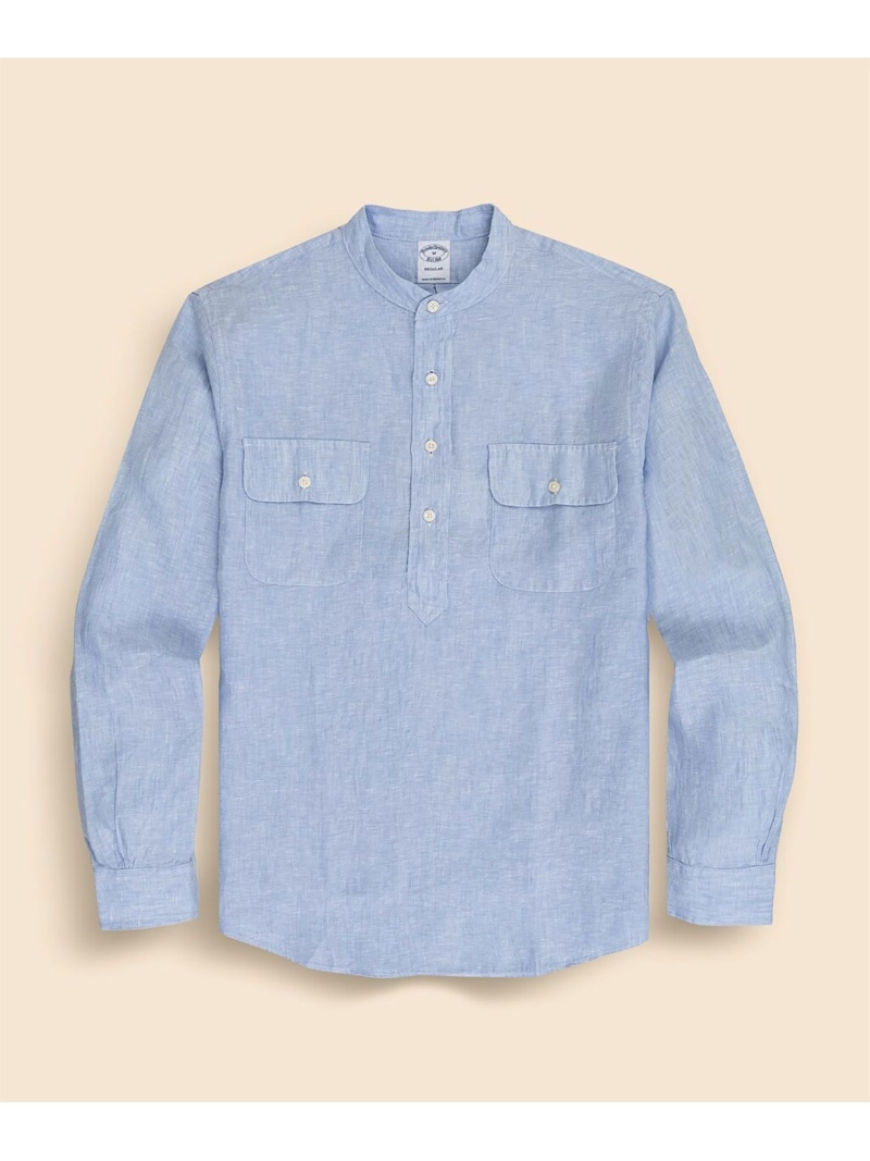 BROOKS BROTHERS リネン ダブルポケット バンドカラー プルオーバーシャツ ブルックス ブラザーズ トップス シャツ・ブラウス ブルー ベージュ【送料無料】
