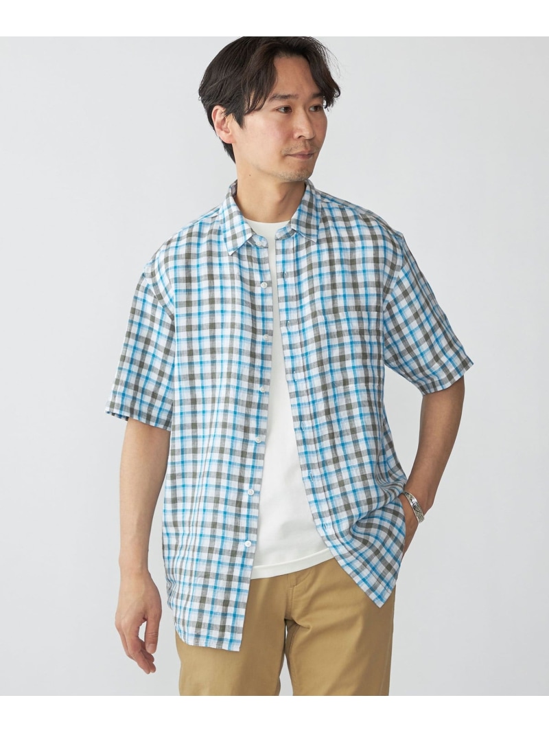 【SALE／40%OFF】SHIPS MEN SHIPS: レイモンド レギュラーカラー リネン チェック ショートスリーブ シャツ シップス トップス シャツ・ブラウス グレー ネイビー ブラウン【RBA_E】【送料無料】