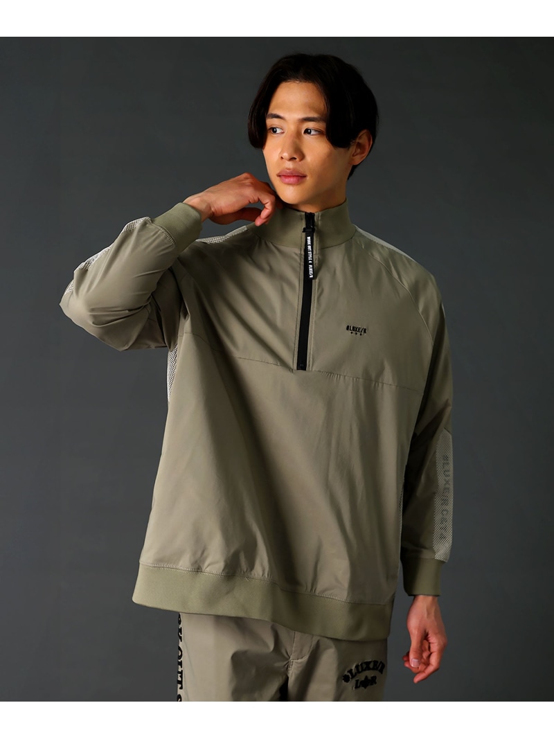 【SALE／5%OFF】LUXE/R LUXE/R 撥水産業伸ばすこと織り地刺しゅう付き添い人ハーフジップ止水ジップ長袖ティーシャツ 心地よい トップス 余分の物のトップス 黒いこと カーキ緑であること ベージュ 薄墨色【RBA_E】【貨物輸送無料】