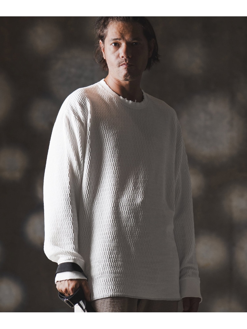 GLIMCLAP mlt5299-Jacquard texture cut sew-Distressed for a vintage look- ロ カンビオ トップス カットソー・プルオーバー 白いこと 黒いこと【貨物輸送無料】