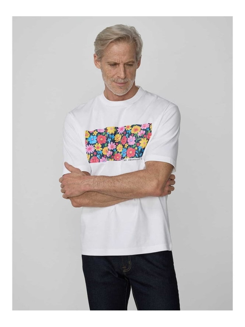 【SALE／30%OFF】Aquascutum MEN FLOWER PRINT TSHIRT アクアスキュータム トップス カットソー・プルオーバー 白いこと【RBA_E】【貨物輸送無料】