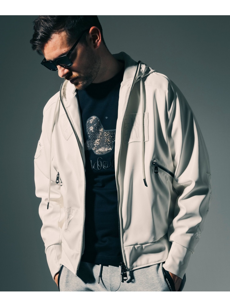 1PIU1UGUALE3 RELAX 1PIU1UGUALE3 RELAX * Mark Gonzales アップリケシンセティックレザーブルゾン シフォン トップス パーカー・フーディー 黒いこと 白いこと【貨物輸送無料】