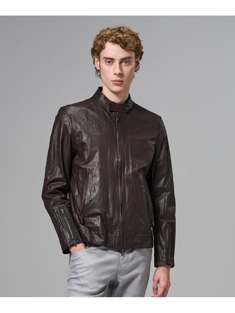 JOSEPH HOMME 【洗い加工】シュリンクエアレザー シングルライダースジャケット ジョゼフ オム ジャケット・アウター その他のジャケット・アウター ブラック【送料無料】