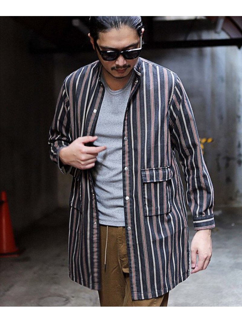 Rattle Trap インディゴストライプバンドカラーロングシャツコート