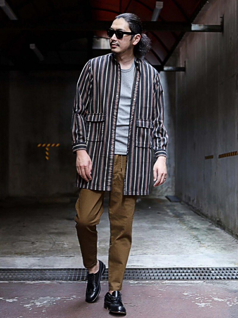 Rattle Trap インディゴストライプバンドカラーロングシャツコート