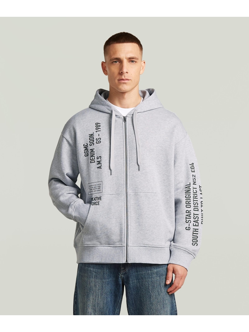 G-Star RAW 【公式ショップ】Stencil Relaxed Hoodie Zip Sweater/ミリタリーディテールステンシルグラフィックオーバーサイズジップアップスウェットパーカー/セットアップ可能 ジースターロゥ トップス パーカー・フーディー グレー【送料無料】
