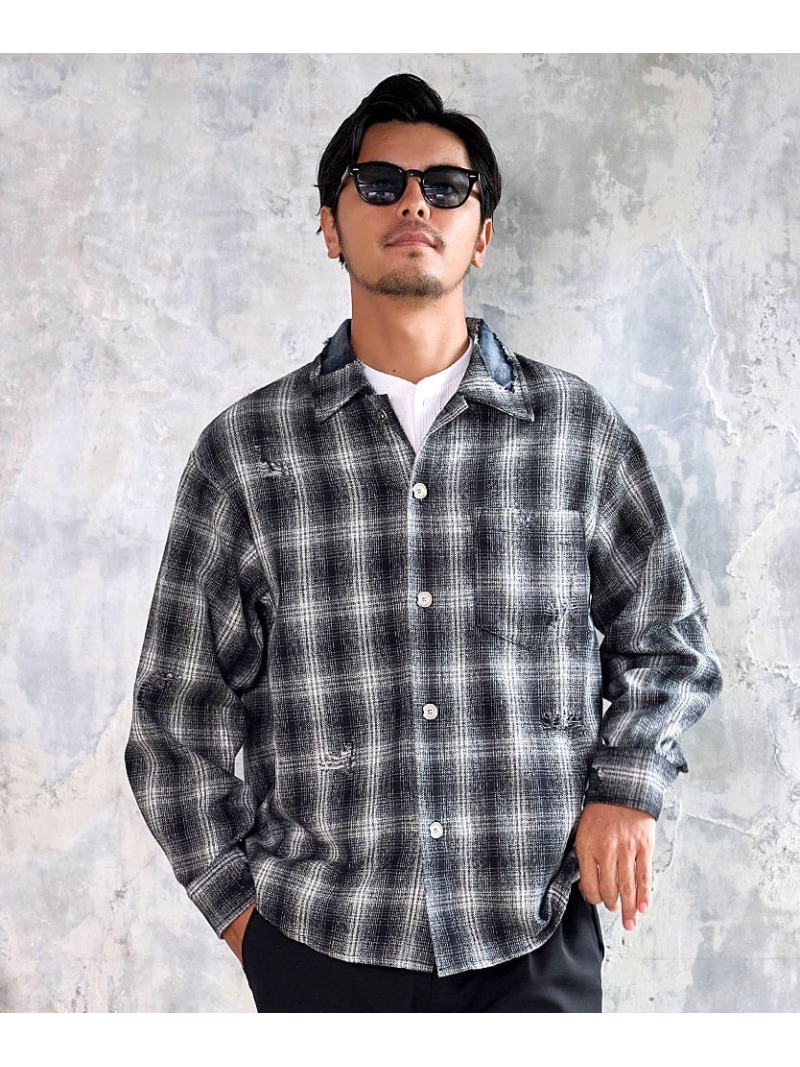 SB select SB select  襟ダメージチェックシャツ シルバーバレット トップス プルオーバー・トップ 黒いこと 赤いこと【貨物輸送無料】