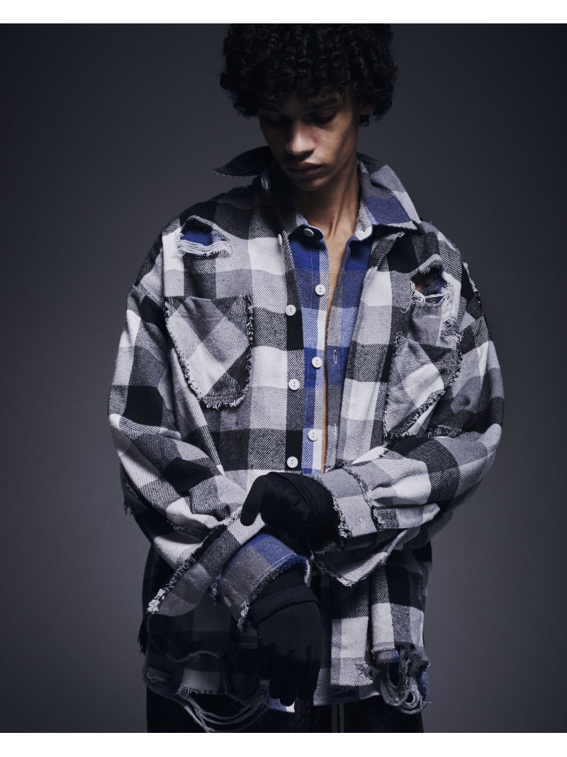 LHP DankeSchon/ダンケシェーン/FLANNEL DAMAGE SHIRTS BLOCK エルエイチピー トップス シャツ・ブラウス ブルー ブラック レッド【送料無料】