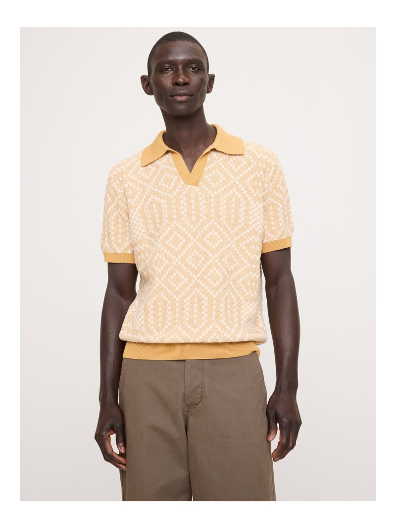 BANANA REPUBLIC (M)リネンコットンブレンド ジャカード ポロシャツ バナナ・リパブリック トップス シャツ・ブラウス オレンジ イエロー グリーン【送料無料】
