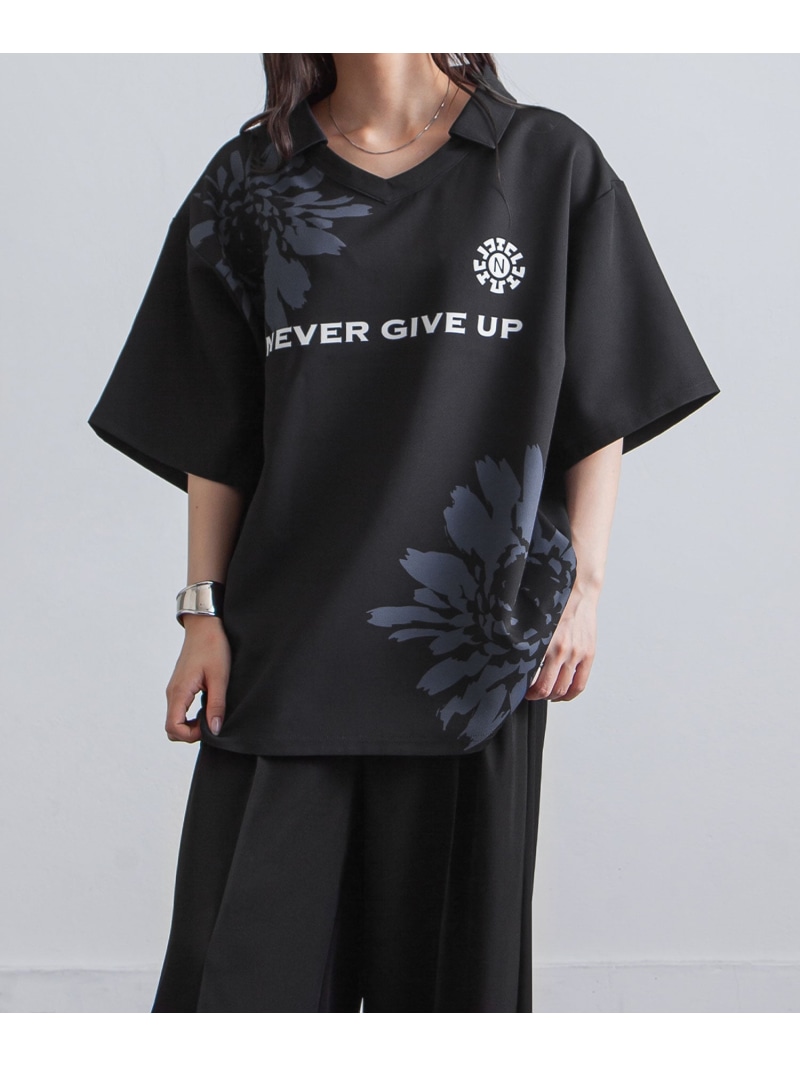 Nilway 【az24233n】Nilway フラワーグラフィックサッカーゲームシャツ ジップファイブ/ニルウェイ トップス カットソー・Tシャツ ブラック ネイビー【送料無料】