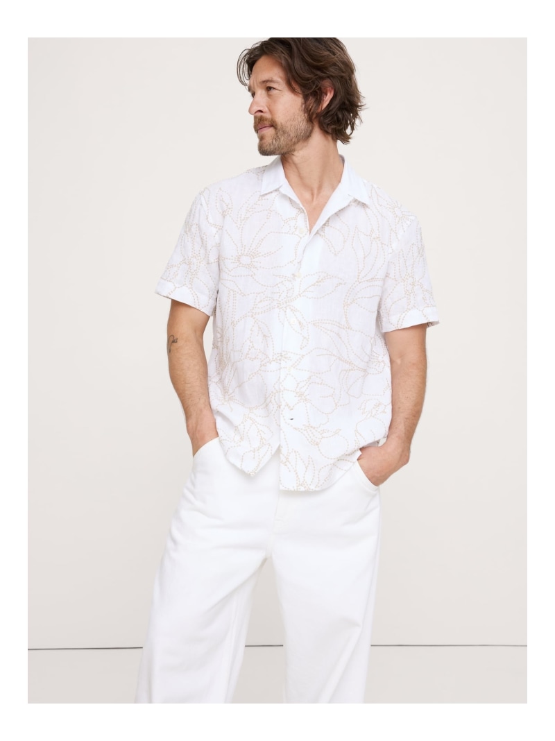 BANANA REPUBLIC (M)スタンダードフィット エンブロイダリー リネン リゾートシャツ バナナ・リパブリック トップス シャツ・ブラウス ホワイト【送料無料】