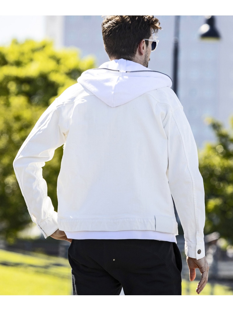 【SALE／30%OFF】1PIU1UGUALE3 RELAX 1PIU1UGUALE3 RELAX デニムジャケットフーディー シフォン ジャケット・アウター デニムジャケット ネイビー ホワイト ブラック【RBA_E】【送料無料】