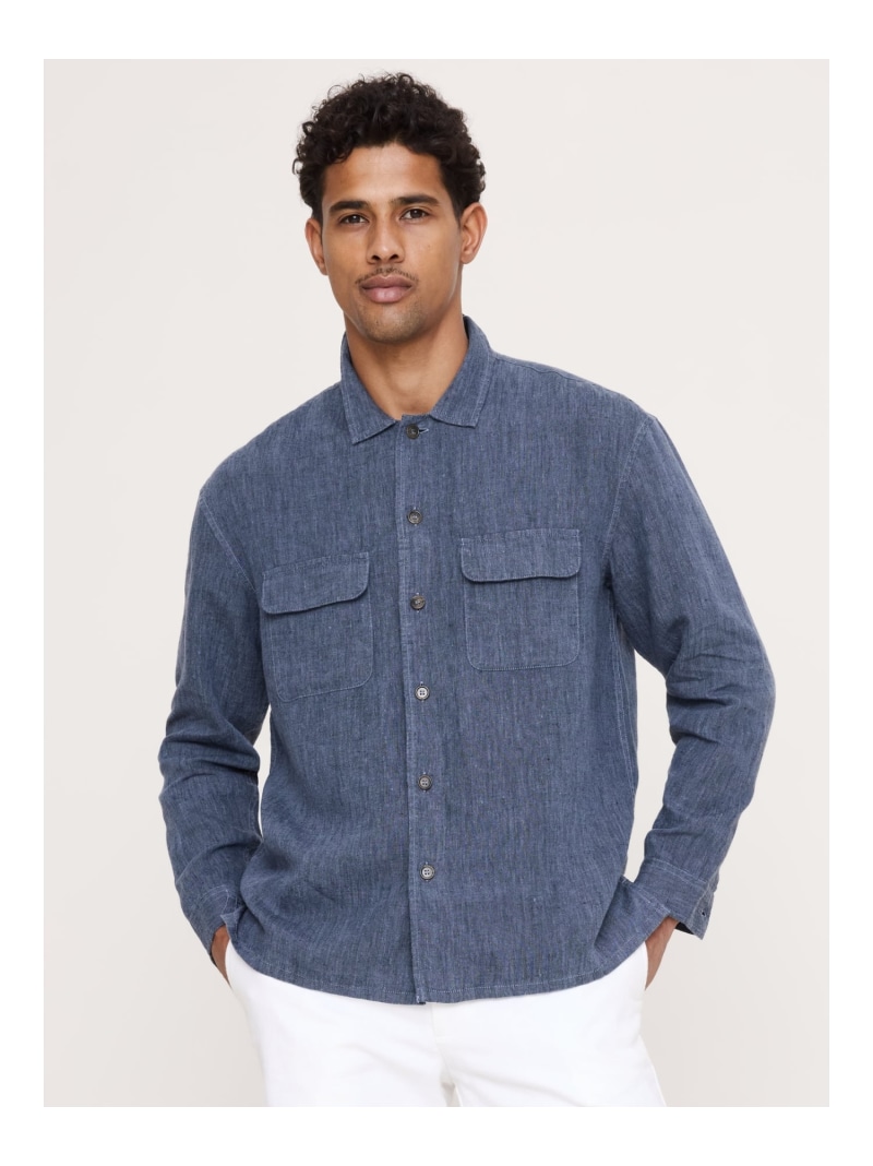 BANANA REPUBLIC (M)リラックスフィット リネン リゾートシャツ バナナ・リパブリック トップス シャツ・ブラウス ブルー グレー【送料無料】