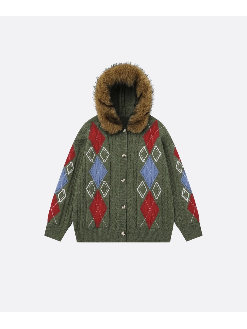 U:UME Moveable Fur Collar Argyle Cardigan ユーム トップス カーディガン グレー グリーン【先行予約】*【送料無料】