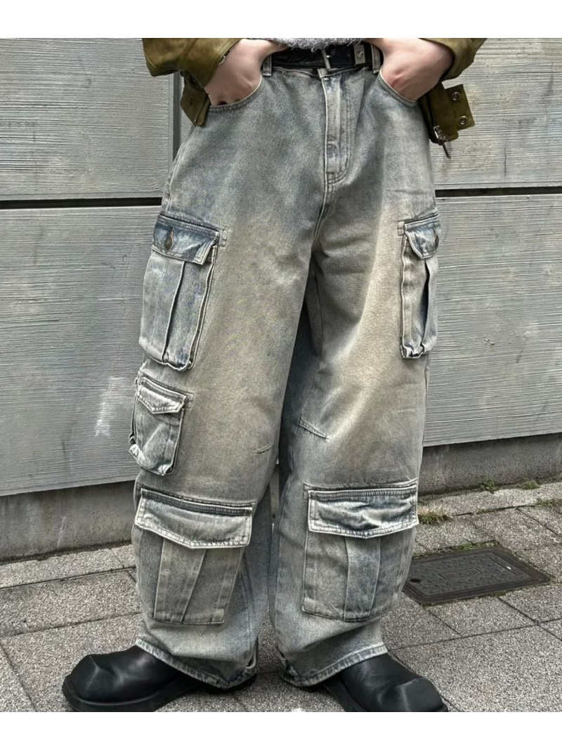 Chikashitsu + 【Chikashitsu+】vintage wash cargo denim pants / チカプラ ジーンズ ネバーマインドザエックスユー／チカシツプラス ズボン下 デニム・ジーンズズボン下 黒いこと 青色【貨物輸送無料】