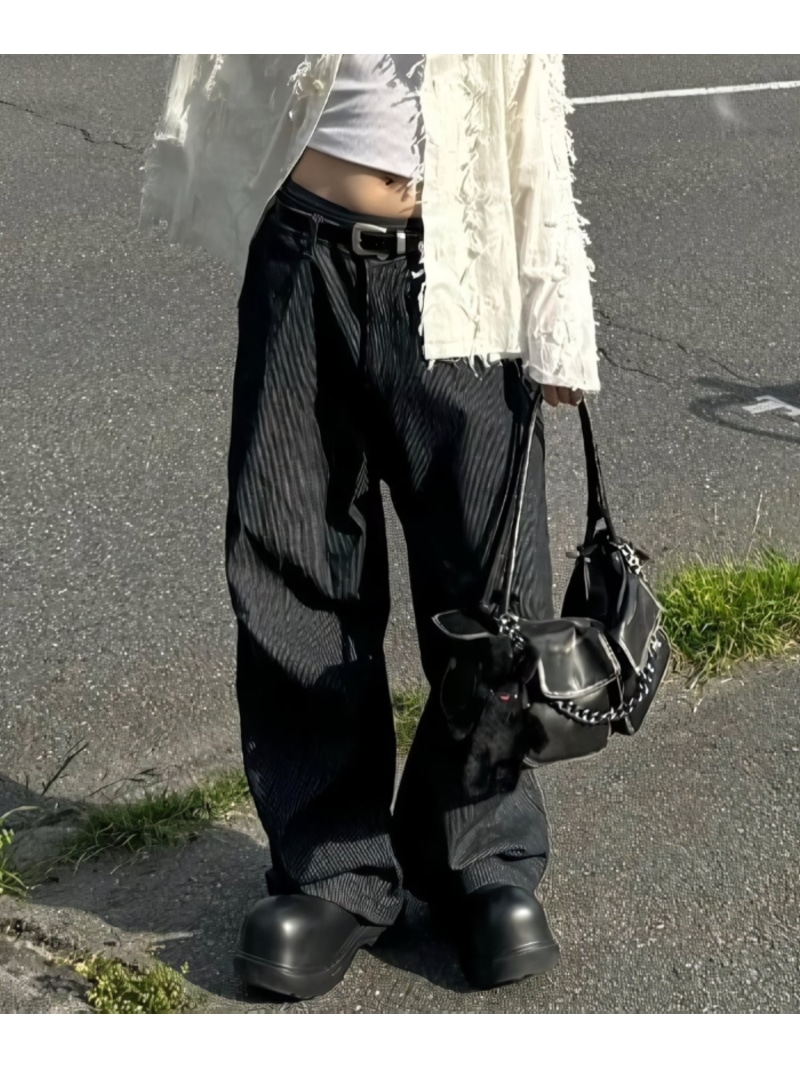 Chikashitsu + 【Chikashitsu +】snap button hickory stripe pants / デニムパンツ ワイドデニム ネバーマインドザエックスユー／チカシツプラス パンツ ジーンズ・デニムパンツ ブラック【先行予約】*【送料無料】｜ Fashion Men