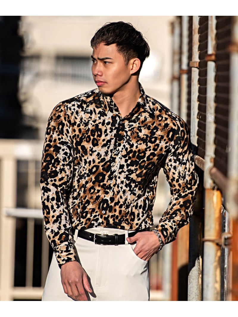 【SALE／5%OFF】SB select GILMAC レオパードデュエ長袖ボタンシャツ シルバーバレット トップス シャツ・ブラウス グレー ホワイト【RBA_E】【送料無料】