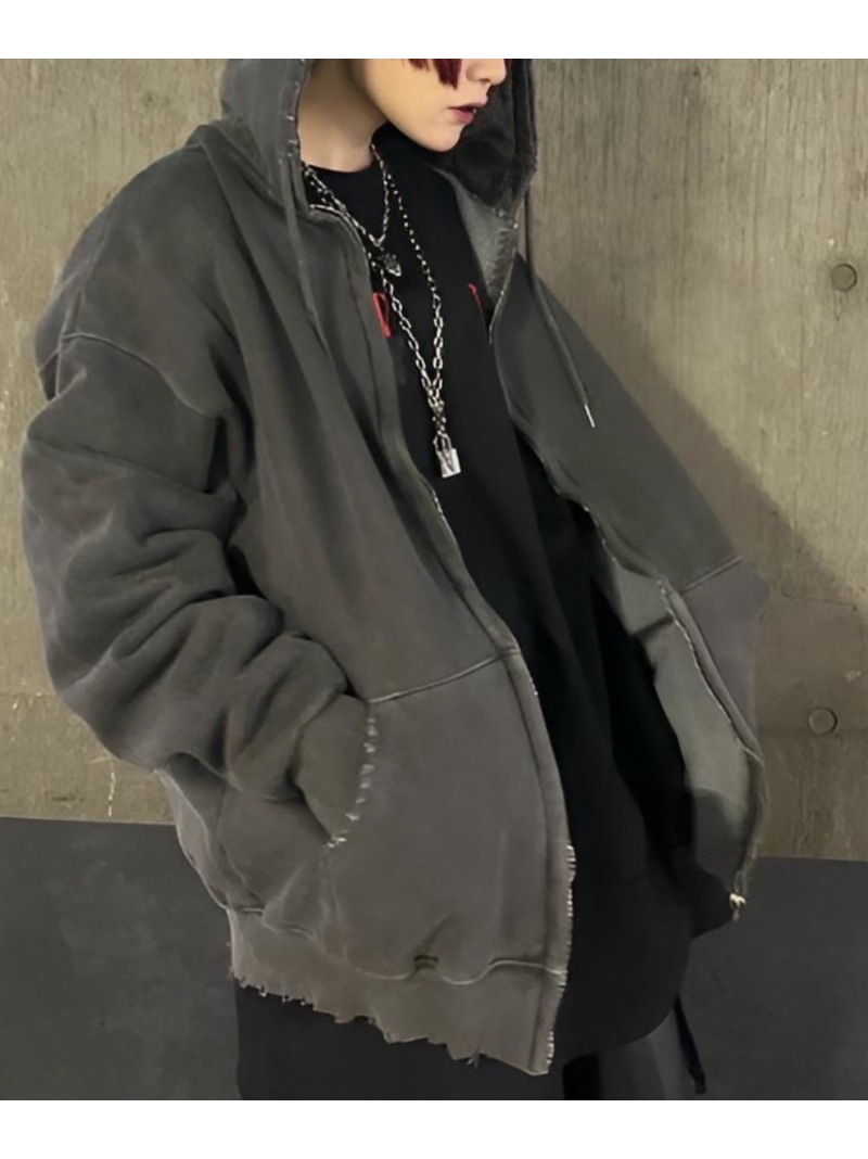 XU 【XU】damage zip hoodie / ジップパーカー ジップフーディ パーカー ユニセックス ネバーマインドザエックスユー／チカシツプラス トップス パーカー・フーディー グレー【送料無料】