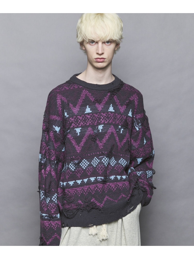 【SALE/30%OFF】MAISON SPECIAL Nordic Damage Jacquard Prime-Over Crew Neck Knit Pullover メゾンスペシャル トップス ニット グレー ブラック ブラウン【RBA_E】【送料無料】| Fashion Men