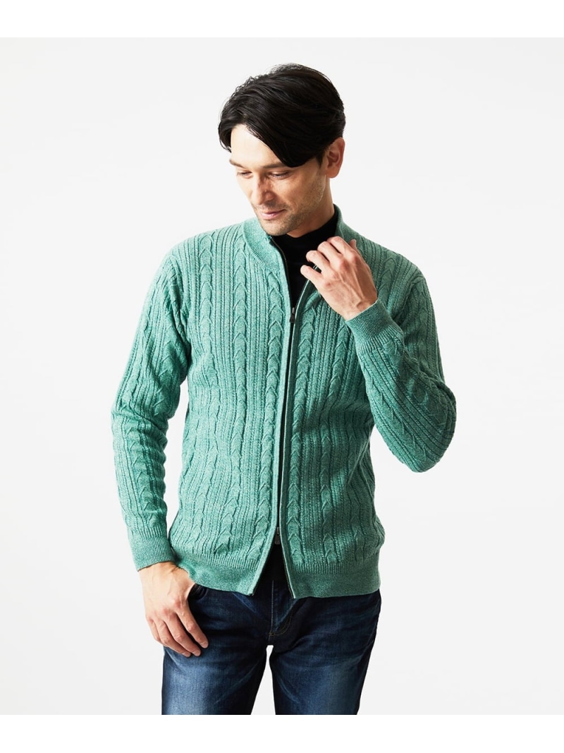 【SALE／40%OFF】MICHEL KLEIN HOMME 編み込みスタンドカラーニットブルゾン ミッシェルクランオム トップス ニット グリーン ブラック【RBA_E】【送料無料】 10,626円