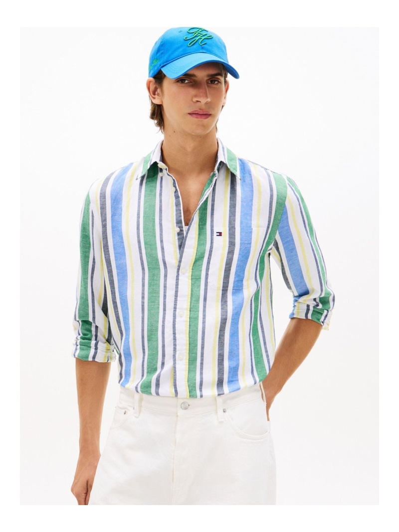 【SALE/30%OFF】TOMMY HILFIGER リネンブレンドボールドストライプシャツ トミーヒルフィガー トップス シャツ・ブラウス グリーン【RBA_E】【送料無料】| Fashion Men