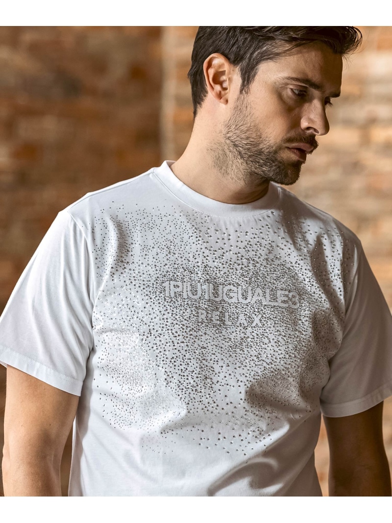 1PIU1UGUALE3 RELAX 1PIU1UGUALE3 RELAX/スプラッシュラインストーン半袖Tシャツ シフォン トップス カットソー・Tシャツ ホワイト ブラック【送料無料】