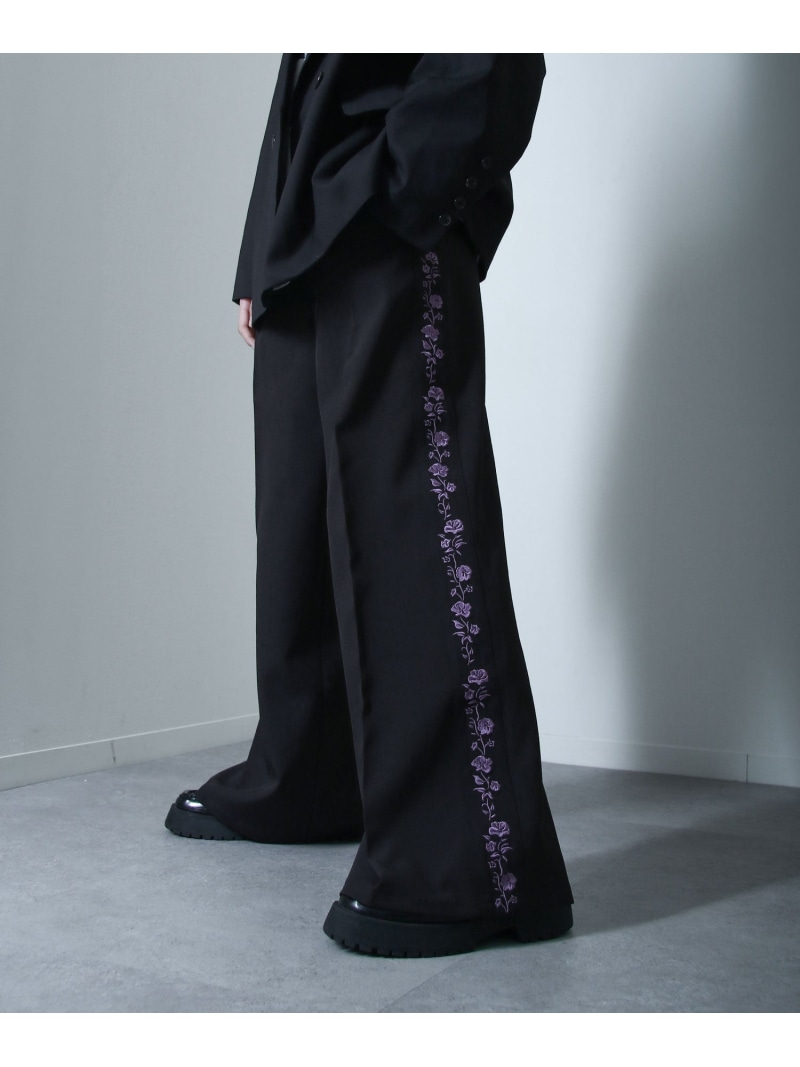 Nilway 【az24280n】Nilway サイドライン花刺繍ワイドバギーフレアスラックス ジップファイブ/ニルウェイ パンツ スラックス・ドレスパンツ ブラック ネイビー ブルー【送料無料】