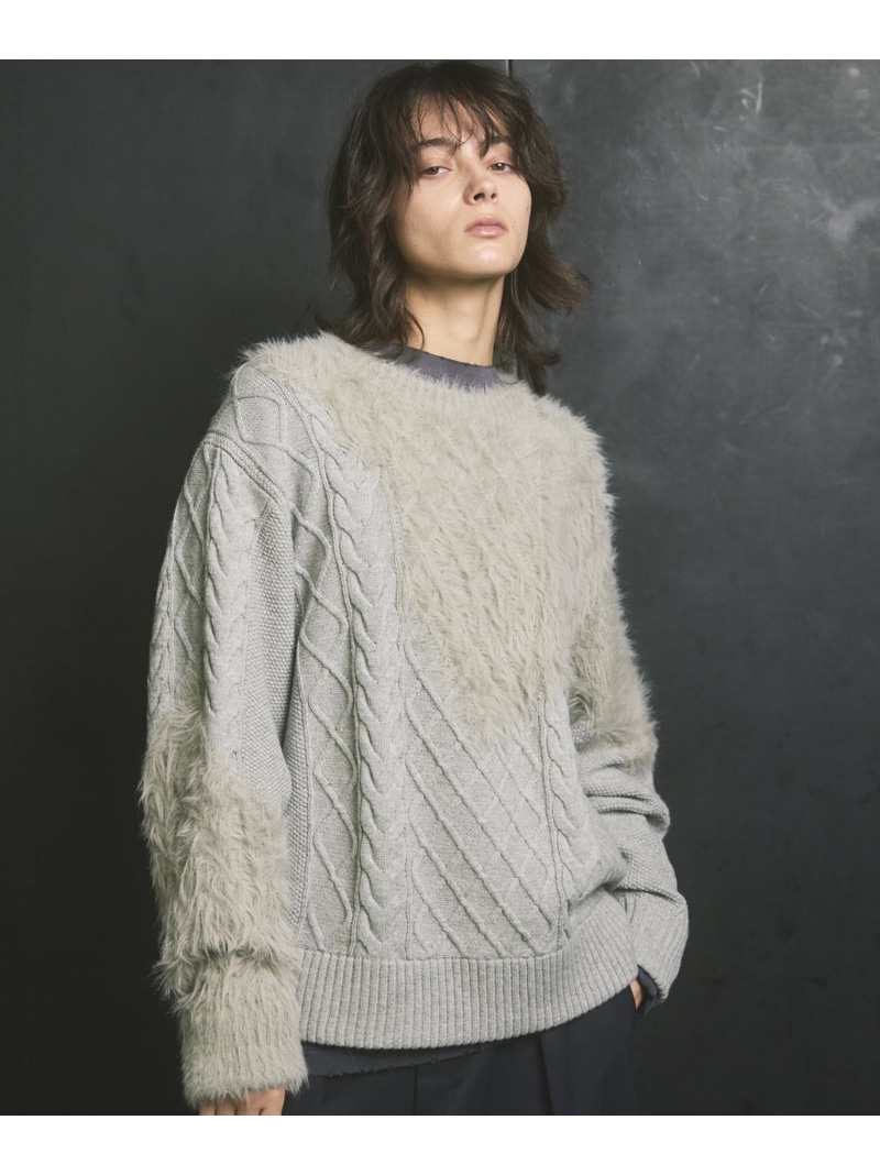 MAISON SPECIAL Cable Shaggy Mix Prime-Over Crew Neck Knit Pullover メゾンスペシャル トップス ニット ブラック ブラウン グレー【送料無料】