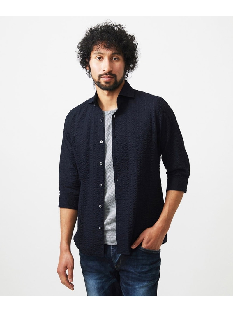 【SALE／20%OFF】MICHEL KLEIN HOMME リップルストライプ七分袖シャツ ミッシェルクランオム トップス シャツ・ブラウス ネイビー パープル ホワイト【RBA_E】【送料無料】
