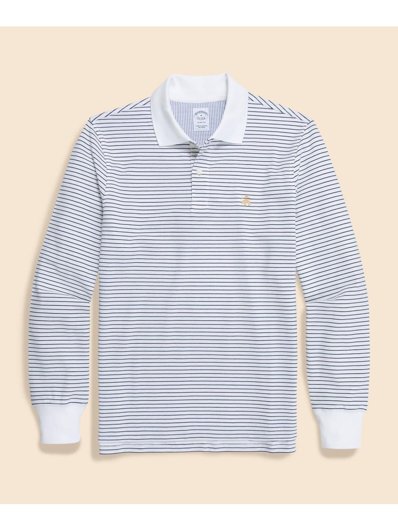 【SALE／30%OFF】BROOKS BROTHERS スーピマコットンストレッチ GFロゴタイプ シン縞模様 ロングスリーブポロシャツ Slim Fit ブルックス ブラザーズ トップス スポーツシャツ 赤いこと 米国海軍 白いこと【RBA_E】【貨物輸送無料】