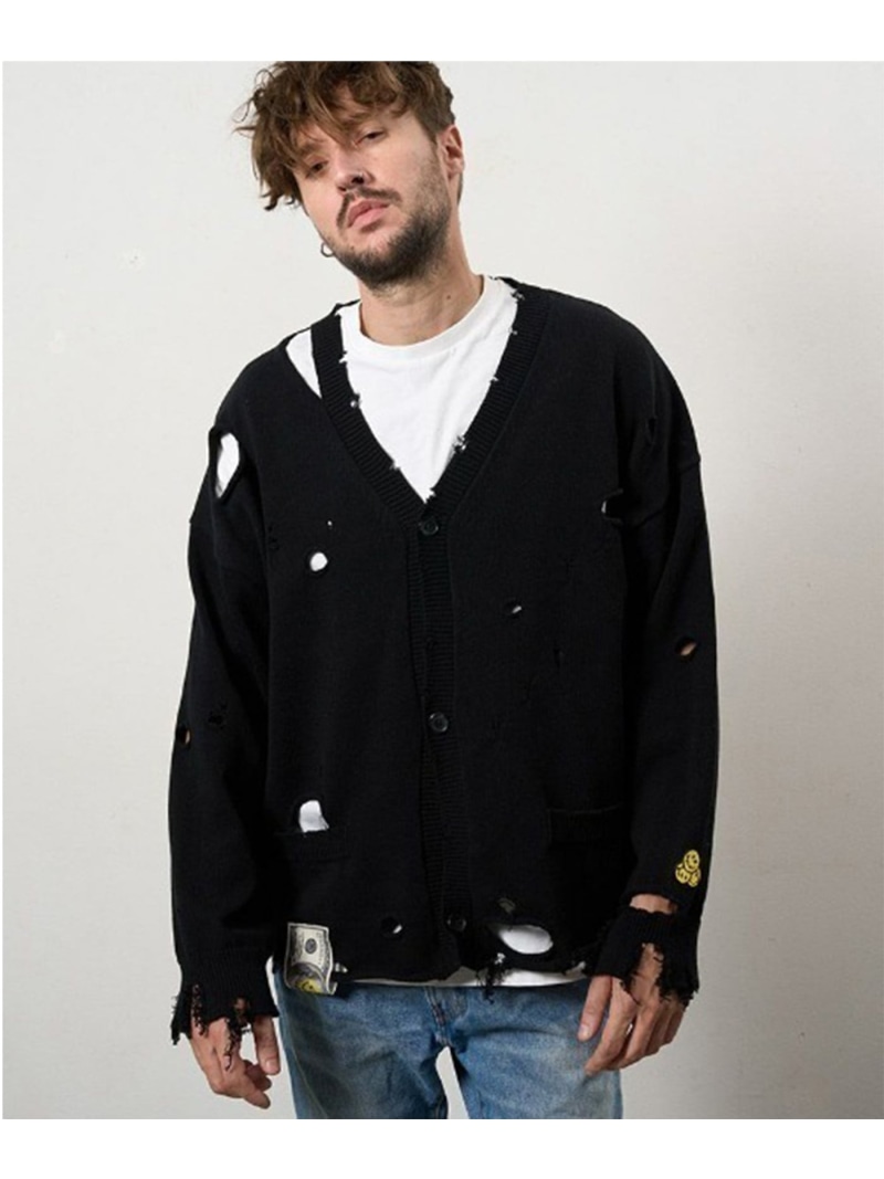 【SALE／40%OFF】ROYAL FLASH STUD MUFFIN/スタッドマフィン/ローゲージダメージ カーディガン ロイヤルフラッシュ トップス ニット ブラック【RBA_E】【送料無料】｜ Fashion Men