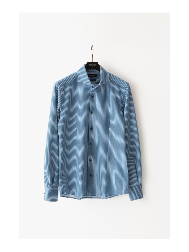 MICHEL KLEIN HOMME 《日本製》ストライプ柄ジャージ長袖シャツ ミッシェルクランオム トップス シャツ・ブラウス ブルー ネイビー ホワイト【送料無料】
