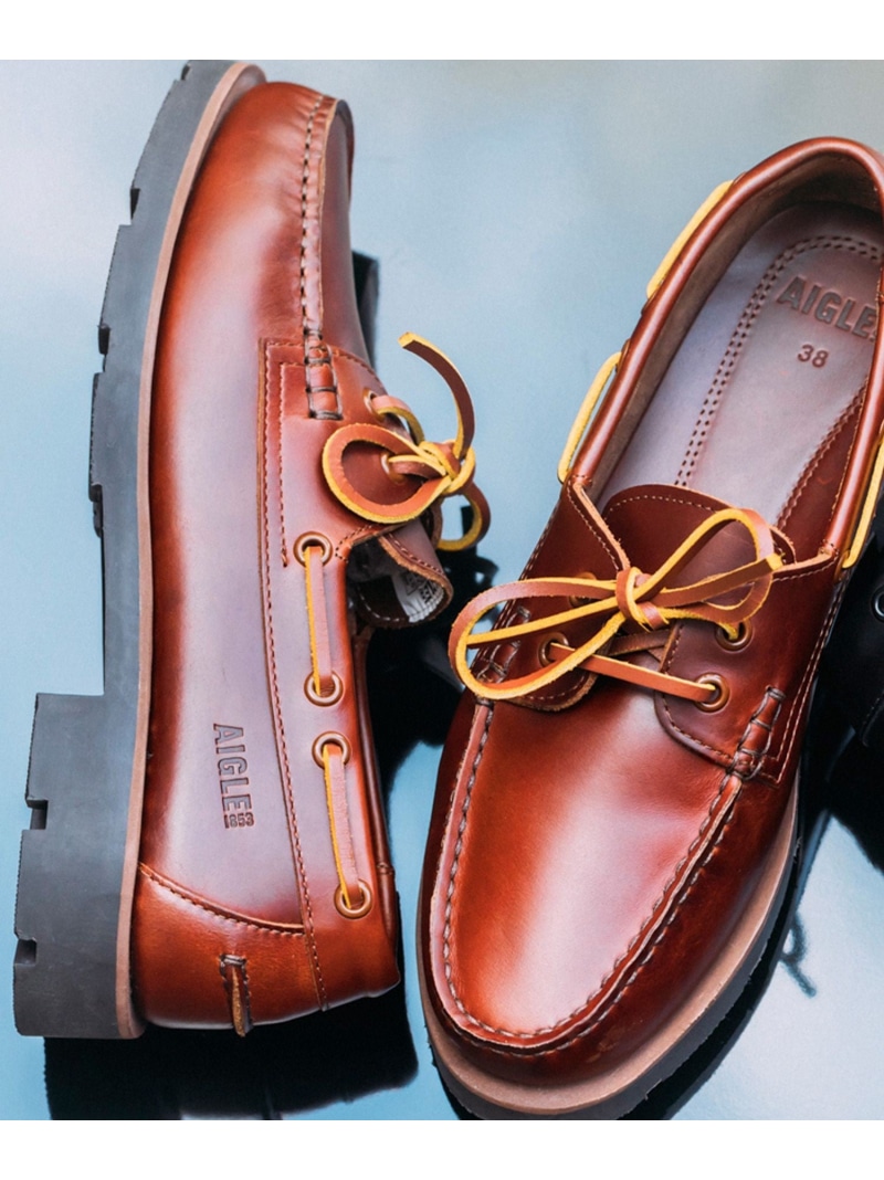 AIGLE 【EC押さえる】フルグレインレザー トランス状態軍事任務 レザーデッキシューズ エーグル シューズ・靴 モカシン・デッキシューズ 黒いこと 赤銅色【貨物輸送無料】
