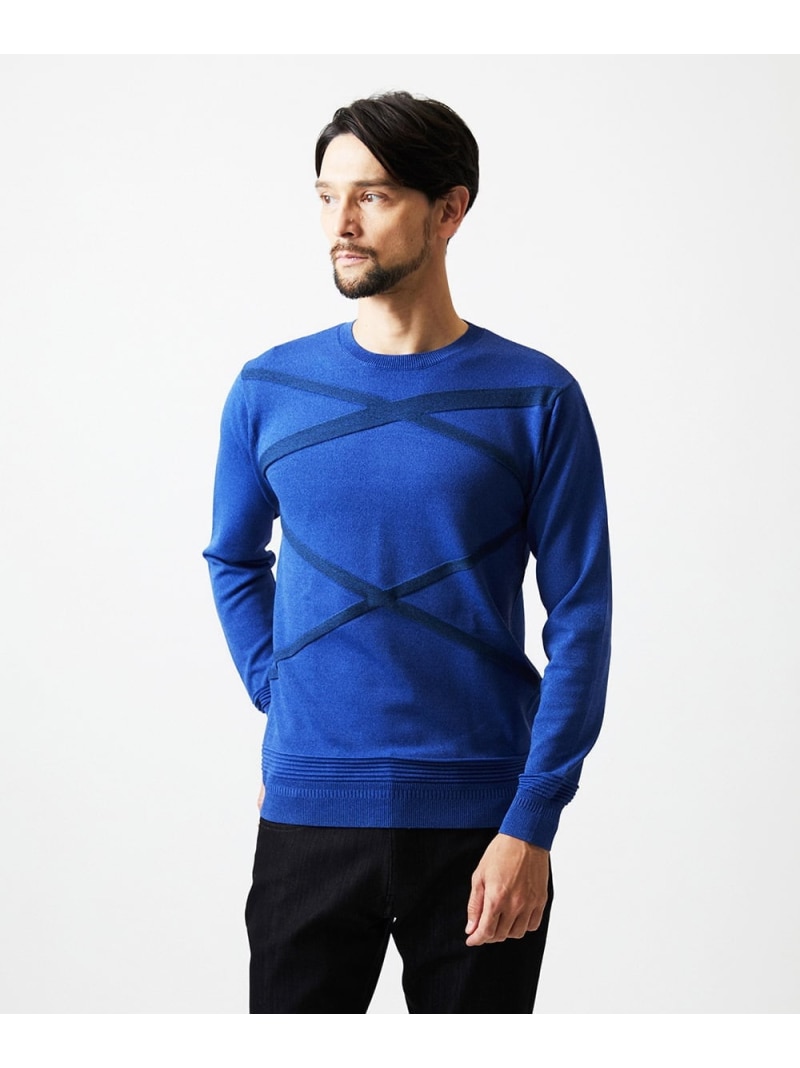 【SALE／20%OFF】MICHEL KLEIN HOMME 切り替えクルーネックニット ミッシェルクランオム トップス ニット グレー ブルー ホワイト【RBA_E】【送料無料】