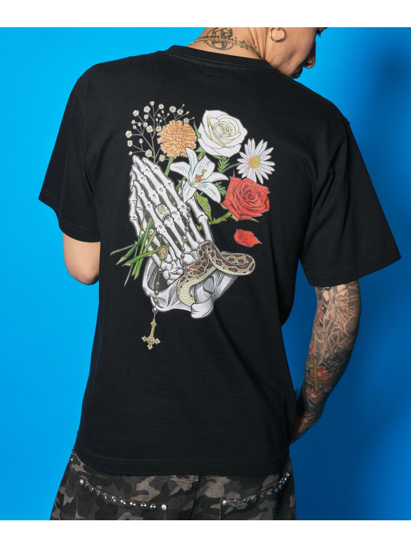Subciety Flower praying hands tee サブサエティ トップス カットソー・Tシャツ ホワイト ブラック【先行予約】*【送料無料】