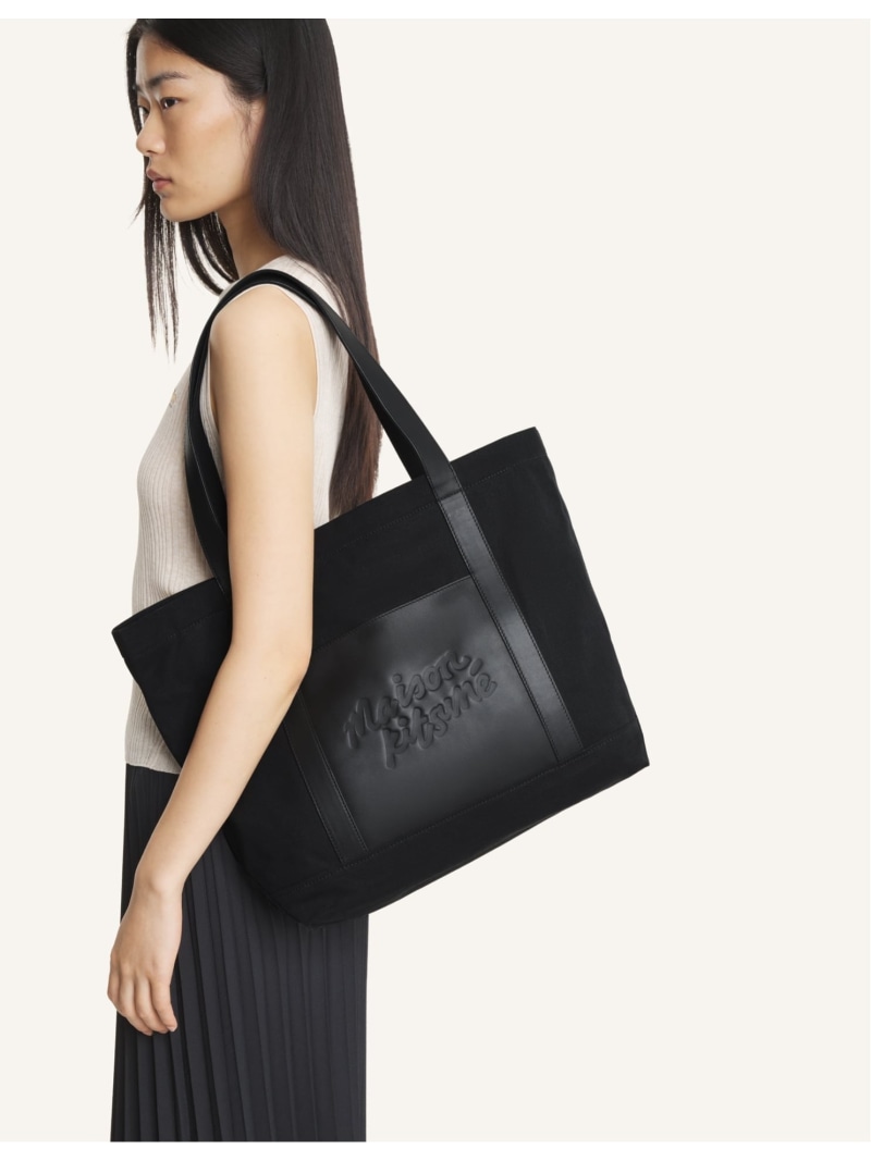 Maison Kitsune (U)CANVAS AND LEATHER LARGE TOTE メゾン キツネ バッグ トートバッグ ブラック【送料無料】| Fashion Men