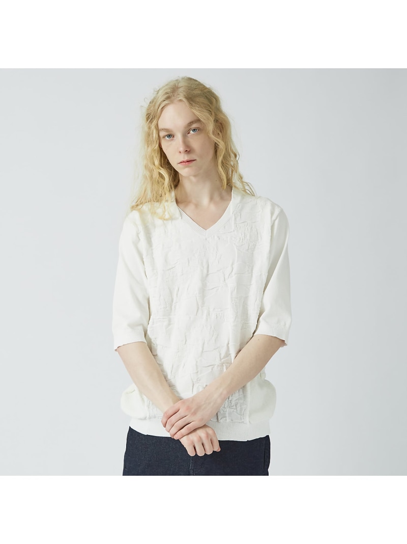 【SALE／20%OFF】5351POUR LES HOMMES フラワージャガード 7分袖 Vのど首 編み物ティーシャツ ゴーサンゴーイチプールオム トップス 編み物 青色 黒いこと 白いこと【RBA_E】【貨物輸送無料】 ニット・セーター-トップス