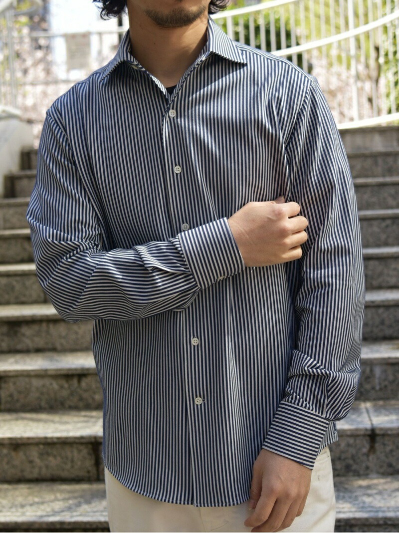 即納 最大半額 Ships Ships Albini社製生地 ジャージー ワンピースカラー ストライプ シャツ シップス シャツ ブラウス ワイシャツ ネイビー ブルー 先行予約 数量は多 Map Skeiron Com Ua