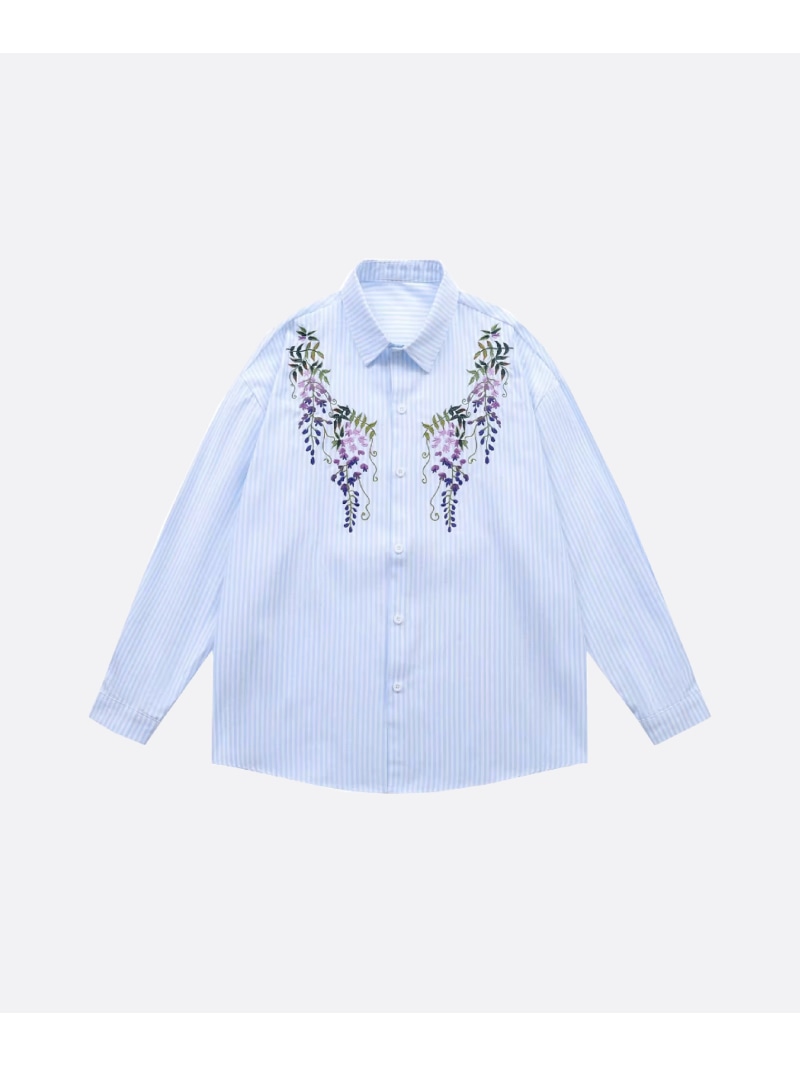 U:UME Flower Embroidery Stripe Shirt ユーム トップス プルオーバー・トップ パープル 黄色 青色【先んずる取っておく】*【貨物輸送無料】