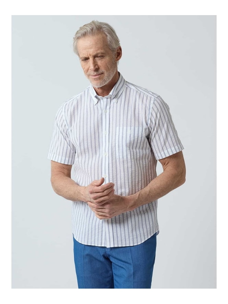 【SALE／50%OFF】Aquascutum MEN Sucker Stripe Short Sleeve Shirt アクアスキュータム トップス シャツ・ブラウス レッド ブルー【RBA_E】【送料無料】｜ Fashion Men